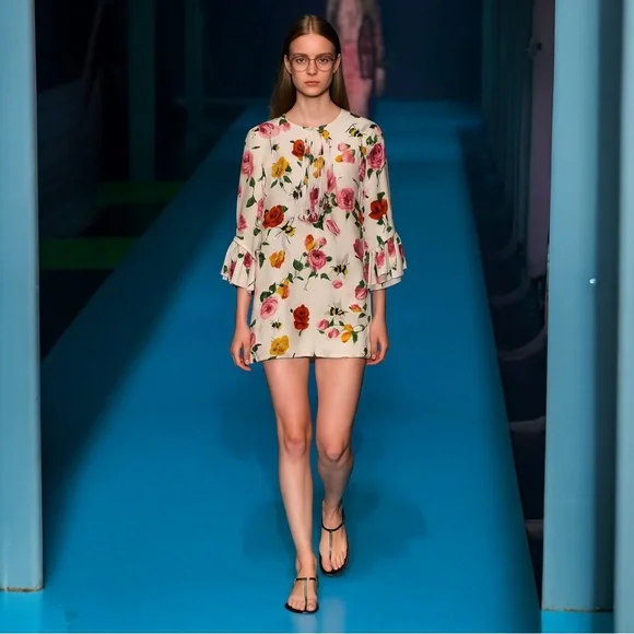 Gucci Floral Bee Silk Mini Dress IT38 US2 Pleated Front Long Sleeve Spring EUC - Picture 3 of 14